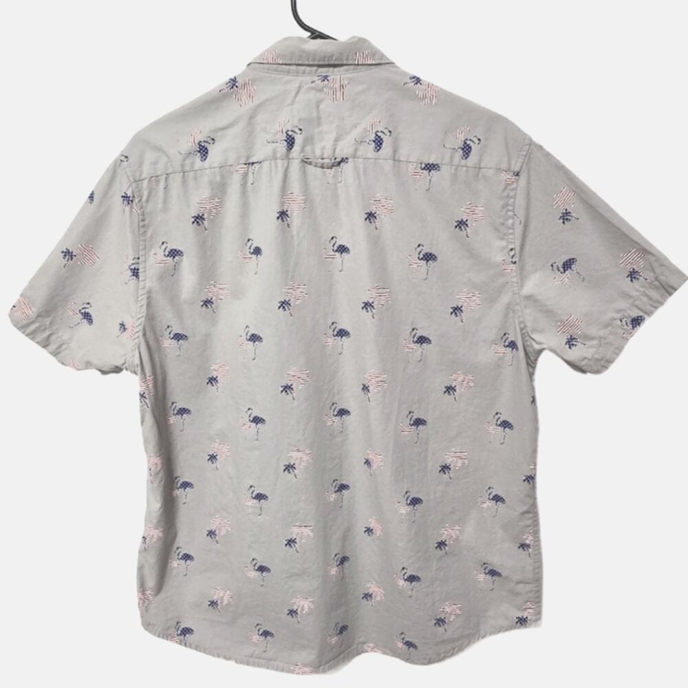 Denim & Flower Flag Flamingo Palm Tree Short Sleeve Button Down Shirt Size Large - Picture 2 of 3